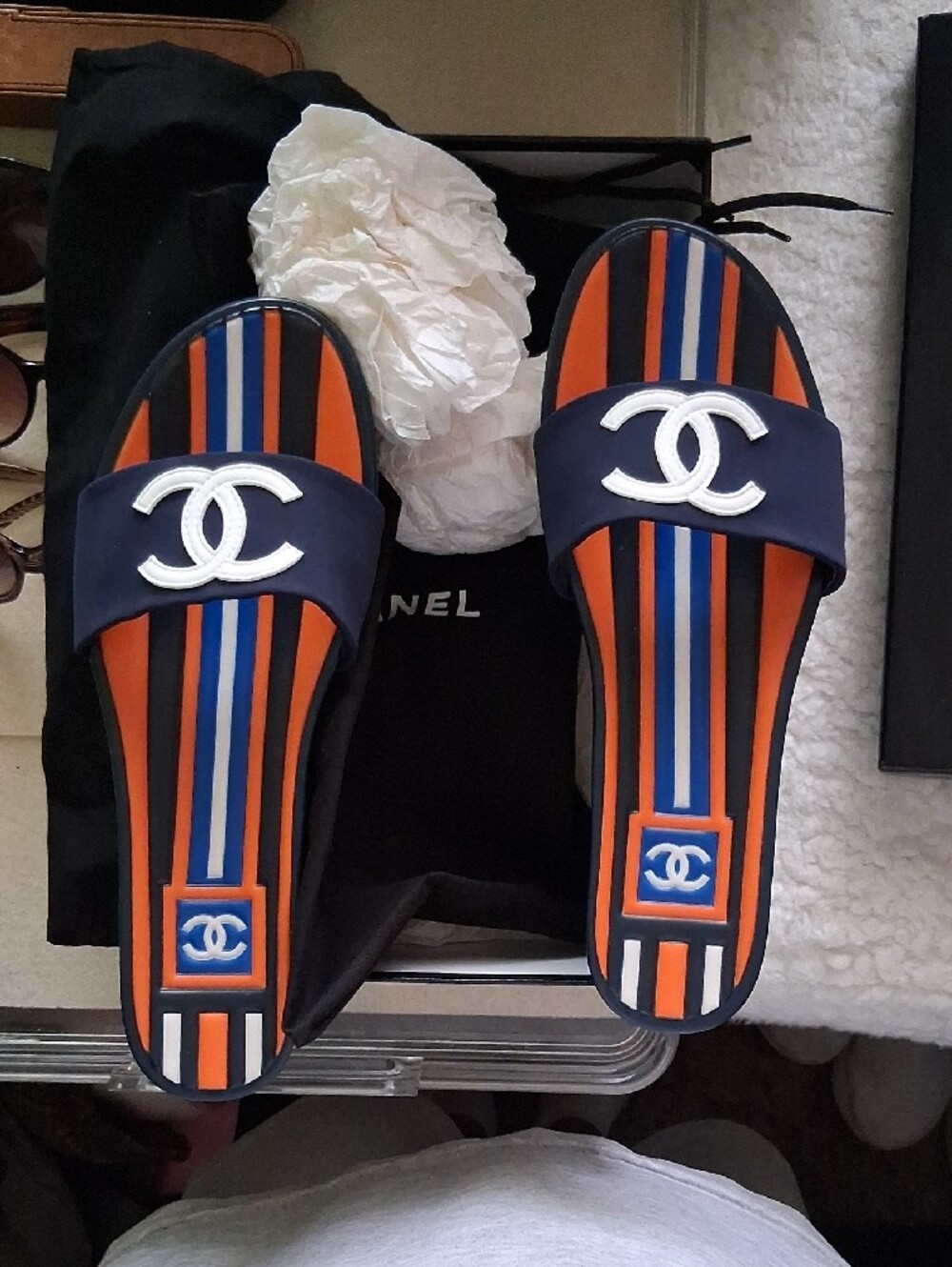 CHANEL Navy, Orange & Blue Logo Slide Sandals - Picture 5 of 6